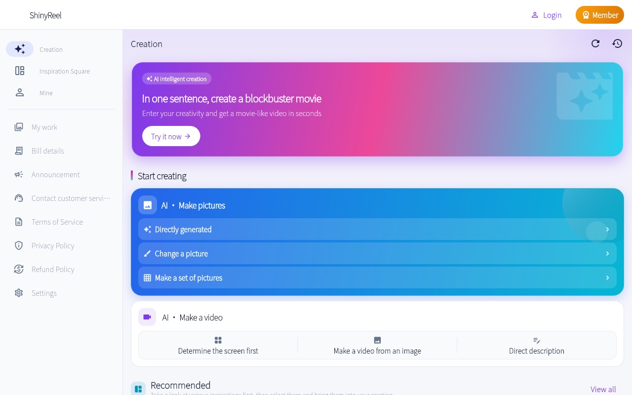 The ShinyReel workspace in a browser, showing image and video generation tools in the sidebar.
